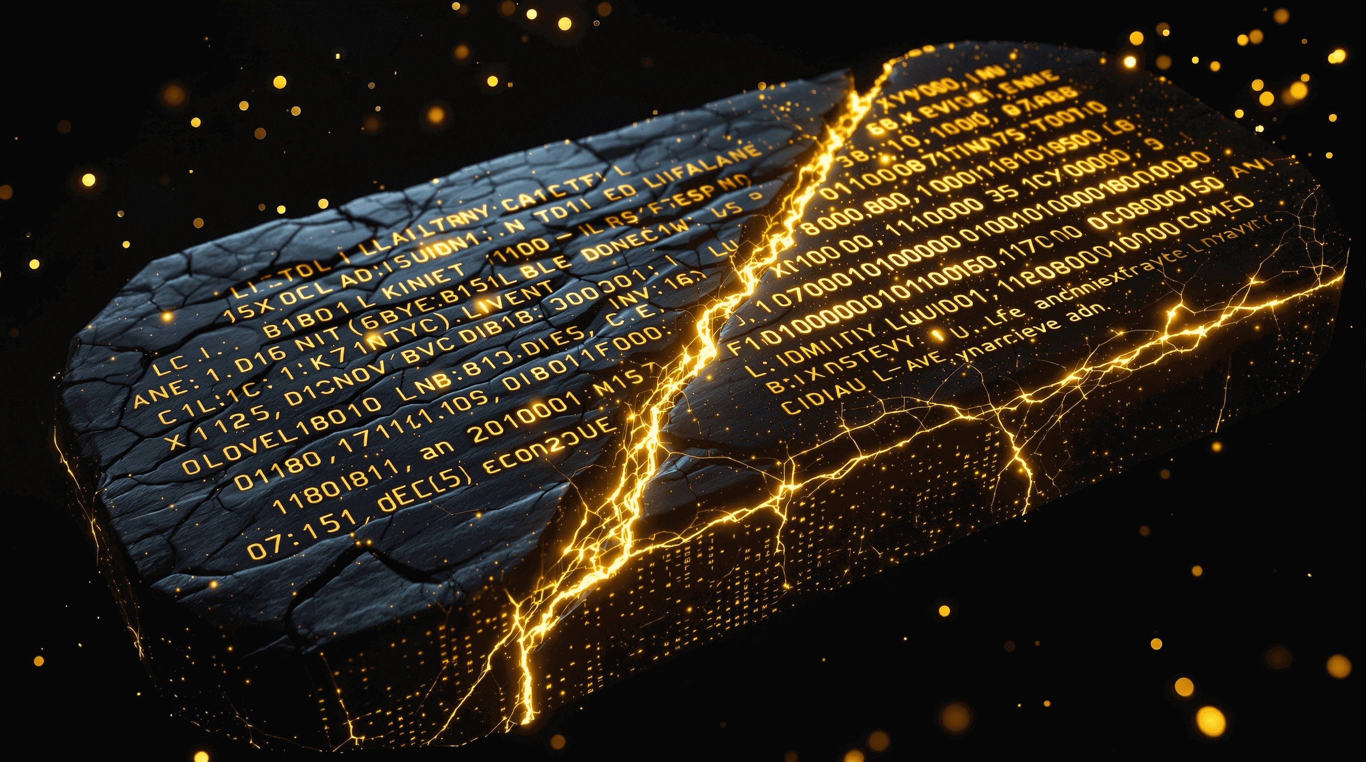 Cracked tablet with glowing digital text.