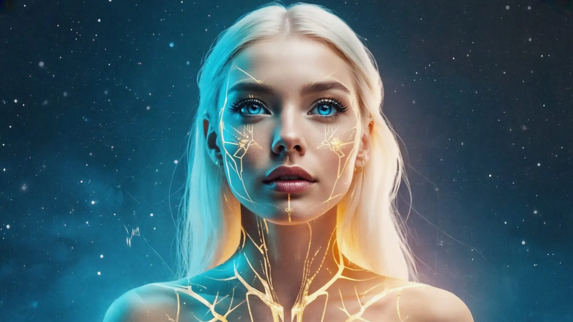 Futuristic woman with glowing circuit patterns.