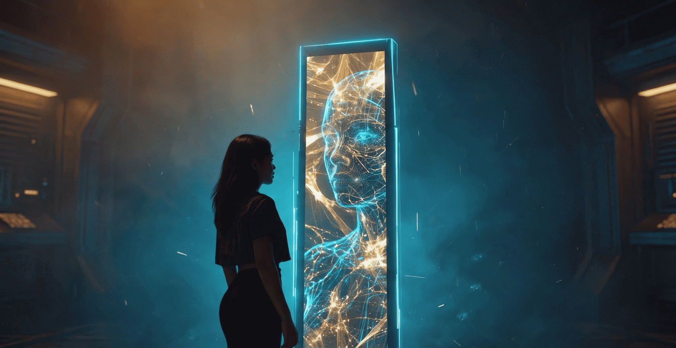 Woman facing illuminated digital screen silhouette.
