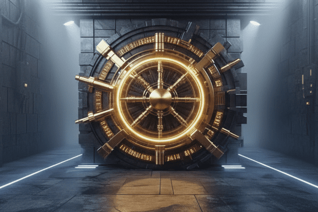 Futuristic vault door with glowing lights.